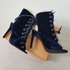 Beautiful Lace-Up Navy Velvet Ankle Boots With Peep Toe And Stiletto Heel, New In Box From Public Desire. Black Square Toe Boots, Clear Heel Boots, Black Heeled Ankle Boots, Public Desire Shoes, Cowboy Ankle Boots, White Cowboy Boots, Velvet Ankle Boots, Platform Boots Chunky, Leopard Boots