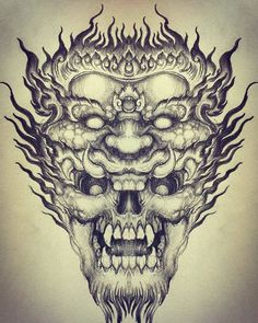 a drawing of a demon skull with flames on it's head and eyes,