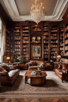 a living room filled with lots of brown furniture and bookshelves full of books