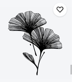 a black and white drawing of two flowers with a heart on the top of it