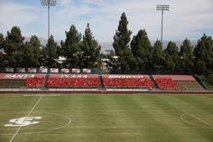 an empty soccer field with red seats and trees in the backgrouds, on a sunny day