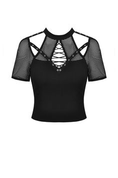 Show off your edgy style with this women's gothic punk cutout knit t-shirt. crafted from a soft and breathable net knit fabric, this t-shirt has a unique design with bold cutouts that make it perfect for your punk-inspired look. Knit T Shirt, Dark In Love, Cutout Shorts, Gothic Tops, Black Punks, Black Mesh Top, Punk Inspiration, Edgy Style, Gothic Punk