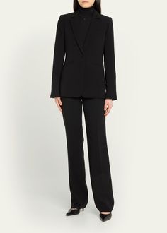 "Find CINQ À SEPT Karlie Tailored Crepe Blazer on Editorialist. Cinq à Sept \"Karlie\" crepe blazer tailored with a back vent and cutaway hem Approx. 28\"L from shoulder to hem Peak lapels; onebutton closure Long sleeves; approx. 24.0\"L Fourbutton cuffs Chest welt pocket, front welt pockets Slim fit Hip length Triacetate/polyester Lining: Polyester Dry clean Imported" Sleek Structured Evening Pantsuit, Tailored Professional Evening Blazer, Evening Pantsuit With Notch Lapel And Pressed Crease, Evening Suits With Structured Boning, Elegant Career Pantsuit For Fall, Elegant Fall Career Pantsuit, Sleek Structured Evening Suits, Tailored Evening Blazer, Tailored Structured Blazer For Evening