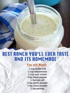 a recipe for homemade ranch dressing in a jar with a spoon sticking out of it