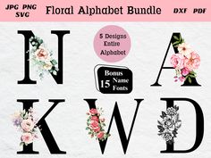 floral alphabet font and numbers with flowers on them, including the letter dxf