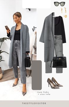 Winter Outfits For Women, Women's Winter Outfits, Looks Jeans, Vest Outfit, Sweaters And Cardigans, Stil Elegant, Grey Outfit, Grey Coat, Outfits For Women