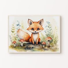 a watercolor painting of a fox sitting on the ground with mushrooms and plants around it