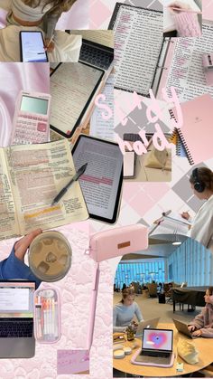 the collage shows people working on laptops, books and other electronic devices as well as notebooks