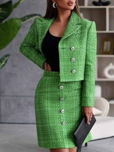 High Waist Daily Elegant Plain Regular Fit Skirt | stylewe Tweed Clothes, Tweed Fashion, Fit Skirt, Mode Chanel, Buy Skirts, Green Suit, Woman Suit Fashion, Autumn 2023, Elegant Skirt