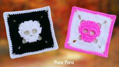 two crocheted square with a skull in the middle and one on the other side