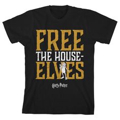 Stand up for house elf rights with this Harry Potter tee. The shirt features a white sketch of Dobby holding a sock while gold and white letters behind him read, "free the house-elves." White letters below the image spell out, "Harry Potter." The tee comes in a black short sleeve crew neck. Harry Potter fans will love to celebrate their favorite characters with this graphic tee. Harry Potter Birthday Shirt Boy, Harry Potter Tee Shirts, Harry Potter Toddler Clothes, Harry Potter Universal Shirt, Harry Potter House Shirts, Harry Potter Free, Harry Potter Tee, Harry Potter Shirts, Elf House