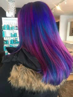 Pulp riot unicorn hair. Purple, blue, candy, and aquamarine Dyed Concrete, Purple And Blue Hair, New Hair New Me, Fashion Hair Color, Mlp Human, Auburn Red, Galaxy Hair, Red Beard, Pulp Riot