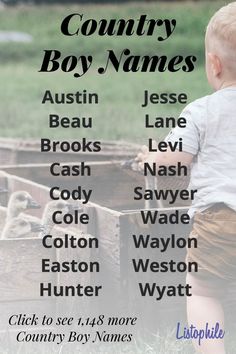 a baby sitting on top of a wooden box in the grass with words that read country boy names