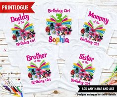 three personalized birthday shirts with the name and age