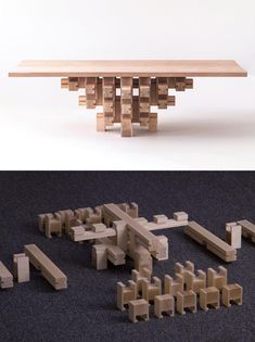 the table is made out of wooden blocks