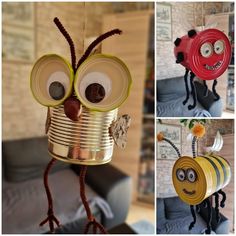 three pictures of tin can crafts with eyes, nose and legs made to look like bugs