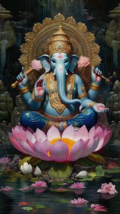 a painting of an elephant sitting on top of a waterlily pond next to a pink flower