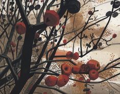 a painting of red berries on a tree