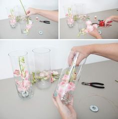 the process of making flowers in vases with scissors and glue on top of them