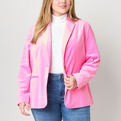 Made from 100% cotton in a vibrant pink hue, this St. John's Bay women's plus velvet blazer adds a pop of personality to your wardrobe. The single-breasted style is cut for a close fit and has a notch collar, two front flap pockets and a single-button closure. Wear it with trousers to the office or keep it casual with jeans. Front Style: Single BreastedClosure Type: ButtonFit: FittedPockets: 2 Front Slip PocketsSleeve Length: Long SleeveApparel Length: 27 InchesFiber Content: 100% CottonFabric D Hot Pink Velvet Blazer, Classic Pink Blazer With Button Closure, Pink Velvet Trench Coat, Classic Pink Button-up Blazer, Pink Single-breasted Blazer With Lapel Collar, Blazer Pink, Velvet Blazer, Notch Collar, Fitted Blazer