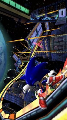 sonic the hedge is riding on a roller coaster