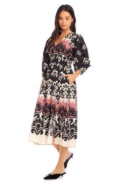 Move stylishly from day to night in this crisp poplin midi designed in a bold print and shaped by a smocked waist. 49" length (size Small) Slips on over head V-neck Three-quarter sleeves Smocked waist Side-seam pockets Unlined 100% cotton Dry clean Made in the USA of imported fabric Daywear Midi Dress With Smocked Cuffs, Midi Dress With Smocked Cuffs For Office, Midi Dress With Smocked Cuffs For Work, Summer Midi Dress With Smocked Cuffs, Spring Midi Dress With Smocked Cuffs, Workwear Midi Dress With Smocked Bodice, Spring Midi Dress With Smocked Back For Work, Spring Workwear Midi Dress With Smocked Back, Summer Work Dresses With Smocked Cuffs