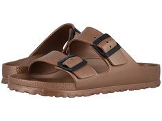 Birkenstock Arizona Essentials - Women's Shoes : Metallic Copper EVA : Please be advised that the Birkenstock® Narrow width can accommodate both traditional narrow and medium widths. No need to ponder−take classic appeal with you anywhere you go when you're rockin' the Arizona Essentials sandal! Ultralight and high-quality EVA upper is highly flexible and odor neutral. Sandal is ultralightweight, waterproof, and washable. EVA-lined interior. Raised toe bar is designed to encourage the natural gr Durable Brown Sandals For The Beach, Durable Brown Sandals For Beach, Comfortable Durable Sandals With Round Toe, Durable Comfortable Sandals With Round Toe, Brown Slip-resistant Round Toe Sandals, Comfortable Slip-resistant Brown Sandals, Birkenstock Arizona Eva Eco, Arizona Chunky Birkenstock, Eva Birkenstock