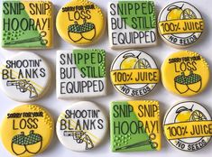 nine cookies with different sayings on them, all decorated in yellow and green colors