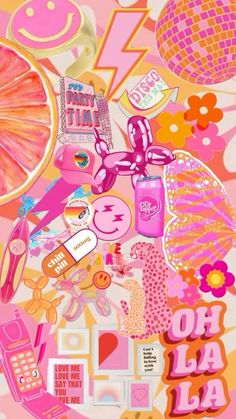 an assortment of stickers and decals on a pink background