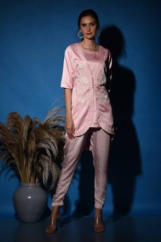 Pink jacket style kurta with white floral embroidery. Paired with a matching churidar. - Aza Fashions Pink Couture, White Floral Embroidery, Pink Thread, Floral Jacket, Women Kurta, Satin Color, Straight Kurta, Pink Jacket, Embroidered Jacket