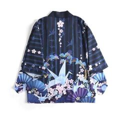 This Paper Crane & Sakura Haori Kimono Cardigan features a beautiful illustration of paper cranes sit elegantly around the sakura and Japanese fan. This cardigan is for art and fashion lovers alike. Blue Haori, Traditional Jacket, Japanese Fan, Japanese Dress, Beautiful Illustration, Paper Crane