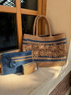 I produce these bags form the natural fine hand kniting yarns.The totebag ,handbag and small handbag are the same sets . Blue Jute Tote Bag, Handheld Crochet Bags For The Beach, Beach Crochet Bag With Removable Pouch, Blue Jute Travel Bag, Rectangular Crochet Beach Bag With Removable Pouch, Handmade Blue Jute Bags, Crochet Handheld Bags For Vacation, Travel Jute Bag With Crochet Details, Rectangular Crochet Bag With Removable Pouch For Vacation