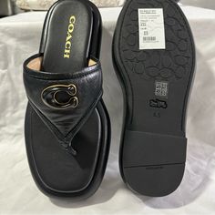 Coach Sylvie Leather Sandal Brand New Leather Flip Flops Womens, Coach Flip Flops, Summer Slides, Logo Flip Flops, Leather Heels Sandals, Leather Flip Flops, T Strap Sandals, Sandals Brands, Summer Sandals