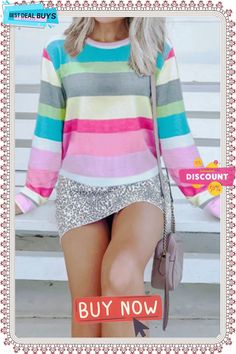 Rainbow Striped Top T-shirt Multicolor Stretch Casual T-shirt, Long Sleeve Color Block T-shirt For Summer, Trendy Striped Crew Neck Top, Casual Multicolor Stretch T-shirt, Casual Stretch Multicolor T-shirt, Spring Color Block Crew Neck Sweatshirt, Casual Stretch Color Block Tops, Multicolor Crew Neck T-shirt For Spring, Casual Stretch Multicolor Tops