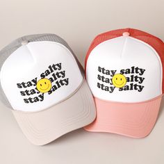 Stay Salty Lettering Printed Trucker Foam Cap with Meshed Back Top off your look with our popular Dad Hat.  It's a cool classic designed to add personal shade wherever you go! Perfect for dog walking, the beach, the gym, the pool, and everyday wear! It's fully adjustable and easy to style! ** 🧢 Detail & Features 🧢 ** Made from 100% polyester.   Soft mesh back trucker hat with Stay Salty lettering print  Lightweight & durable, with adjustable snap tab closure. * Simple and comfortable hat for d Trendy Outdoor Snapback Hat With Letter Print, Trendy Snapback Hat With Letter Print For Outdoor, Trendy Letter Print Snapback Hat For Outdoor, Trendy 5-panel Letter Print Baseball Cap, Fun Trucker Hat With Letter Print For Outdoor, Fun White Snapback Hat With Letter Print, Fun Trucker Hat With Letter Print, Fun Letter Print Trucker Hat For Outdoor, Fun Letter Print Trucker Baseball Cap