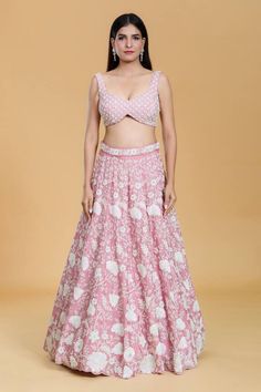 Rose gold attached cancan lehenga with all over floral embroidery using sequins, zari, stone work. Paired with an embroidered blouse and dupatta. Comes along with embroidered belt. - Aza Fashions Sequin Lehenga, Cape Lehenga, Cancan Lehenga, Kurta Lehenga, Lehenga Pattern, Embroidered Belt, Lehenga Skirt, Embroidered Lehenga, Embroidery Floral