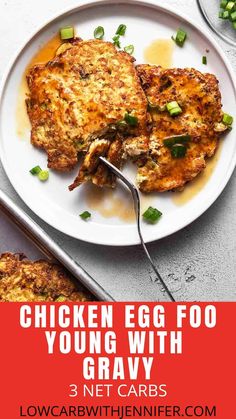 chicken egg foo young with gravy on a white plate