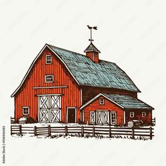 an illustration of a red barn with a steeple on top and a fence around it