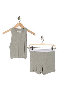 Get comfy in this soft ribbed pajama set including a casually cropped tank and coordinating shorts. Tank has crewneck Shorts have elastic waist 94% modal, 6% elastane Dry clean Imported Shorts Pajamas, Pajama Shorts, Alice Olivia, Crop Tank, Pajama Set, Heather Grey, Elastic Waist, Pajamas, Dry Clean