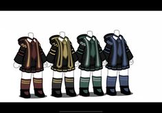 an image of children's winter coats and boots in different colors on a white background