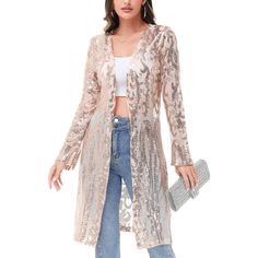 The Anna-Kaci Women's Long Sequin Cardigan Open Front Sheer Duster Jacket is a glamorous and stylish addition to your wardrobe. Made from lightweight, sheer fabric, this duster jacket features all-over sequins that add a touch of sparkle and sophistication to any outfit. The open front design and long length provide a flattering and elegant silhouette, perfect for layering over dresses, tops, or even swimwear. Ideal for special occasions, evening events, or whenever you want to make a statement, Glitter Cardigan, Sheer Duster, Coat Dresses, Sparkle Cardigan, Styles Clothing, Sequin Kimono, Sheer Jacket, Sequin Cardigan, Twin Boys