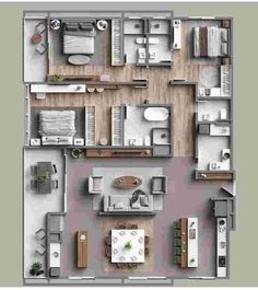 an overhead view of a three bedroom apartment