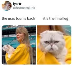 two pictures of taylor swift holding a cat and the caption that says,'the eras tour is back it's the final leg