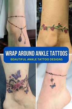 four different ankle tattoos with flowers and butterflies on the ankles, one is for women