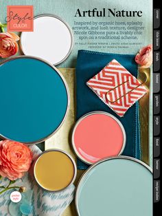 a magazine cover with different shades of paint and flowers on the table next to it