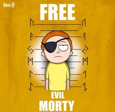 a cartoon character is mugged in front of a yellow background with the words free evil mort on it