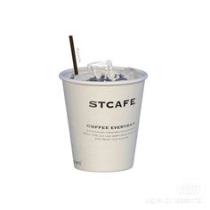 a coffee cup with ice in it and a straw sticking out of the top, on a white background