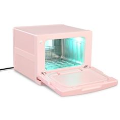 a pink microwave oven with the door open