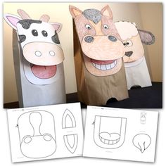 three paper bags with drawings of farm animals on them