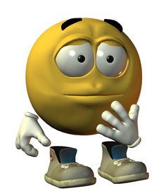 a yellow smiley face with one hand on his chin and two feet on the ground